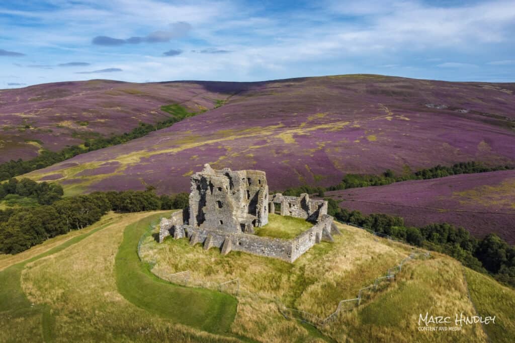 The ruins of Auchindoun Castle against a colourful heather backdrop